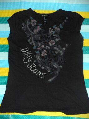 DKNY // JEANS Black 100% Cotton Cap Sleeve Notched Neck T-shirt *Size Juniors: L